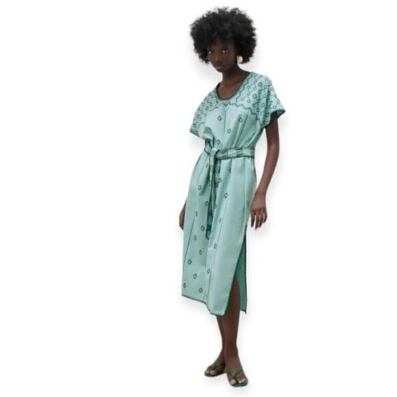 ZARA Bloggers Fav V- Neck Linen Embroidered Caftan Dress Tie Waist Size L NEW - Picture 5 of 13